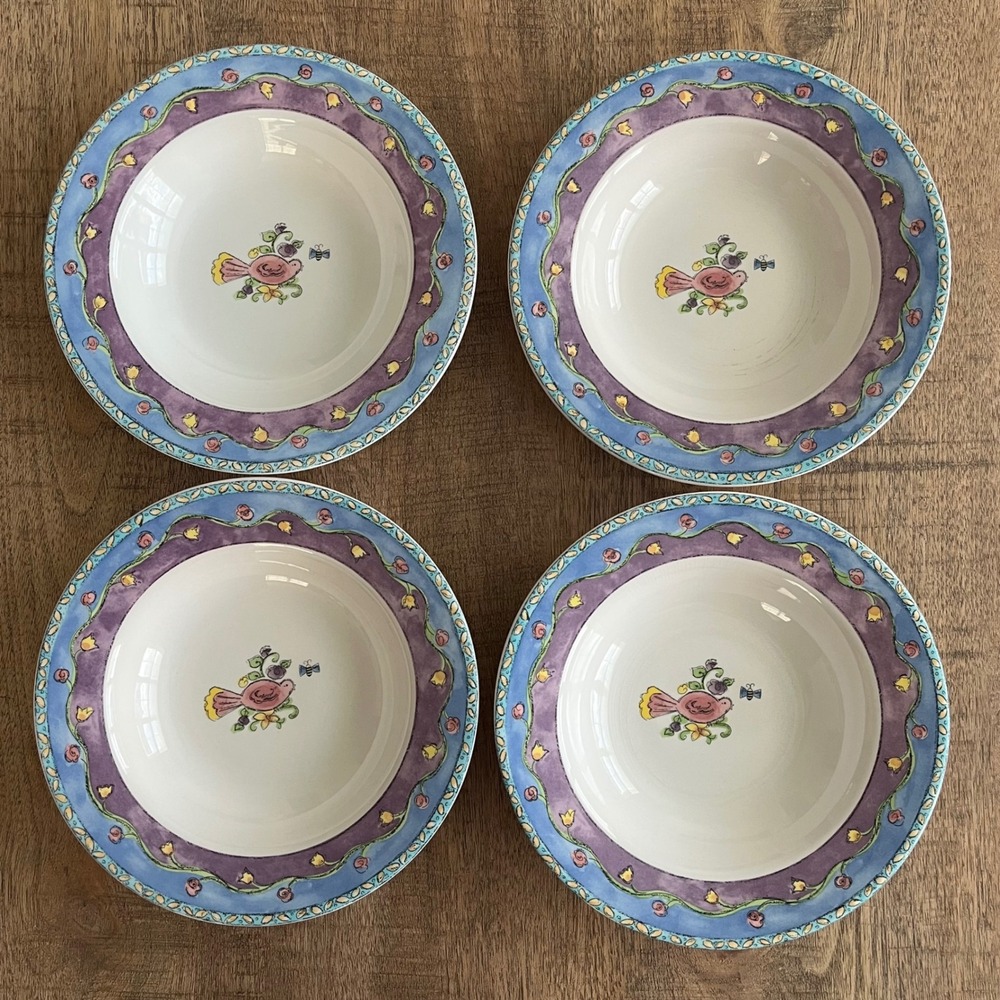 Sango Birds and the Bees Soup Pasta Bowls Set of 4 Sue Zipkin 3042 Blue Purple